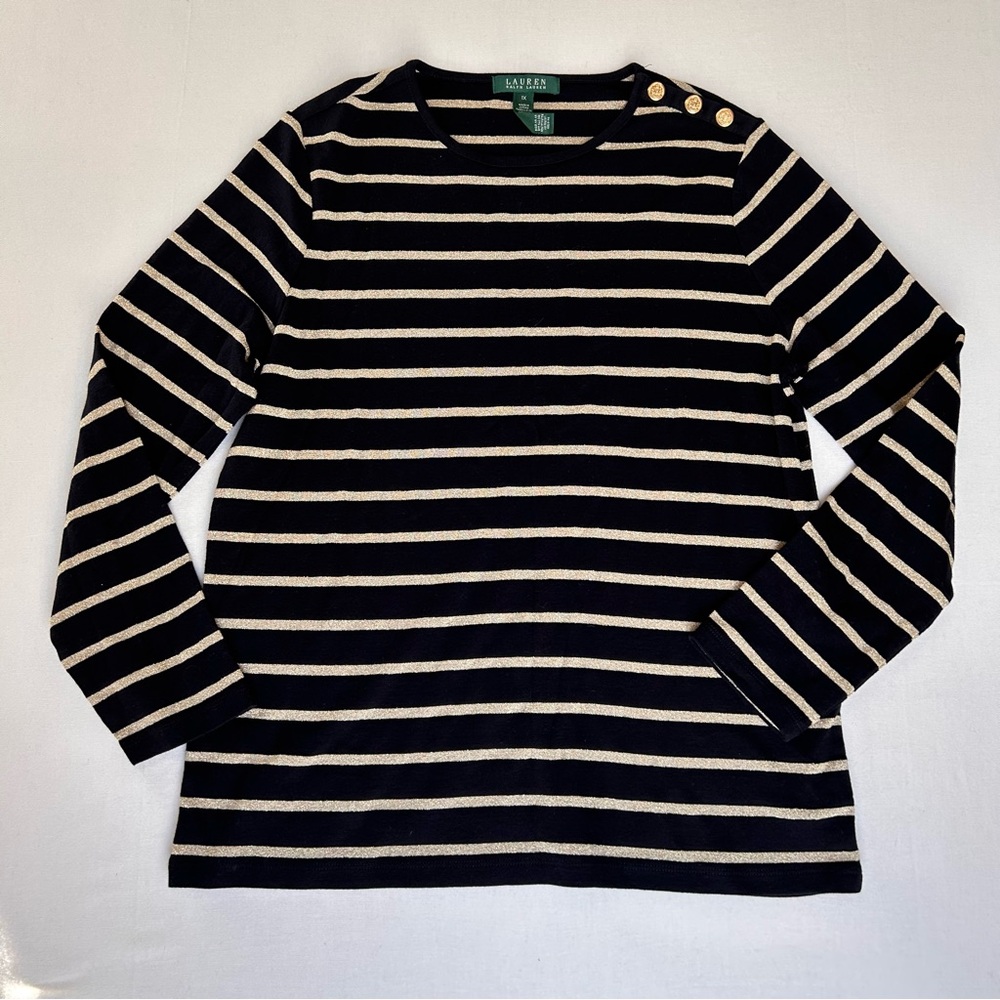 LAUREN RALPH LAUREN Black & Gold Metallic Long Sleeve Top Womens 1X Academia